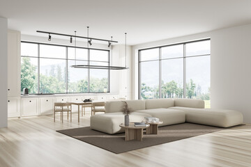 Fototapeta na wymiar Stylish studio interior with rest and eating area with panoramic window