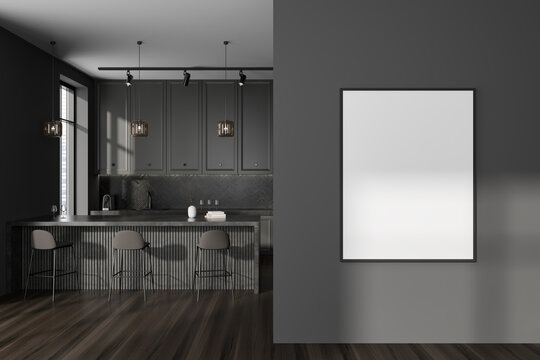 Grey kitchen interior with bar countertop and kitchenware. Mockup frame