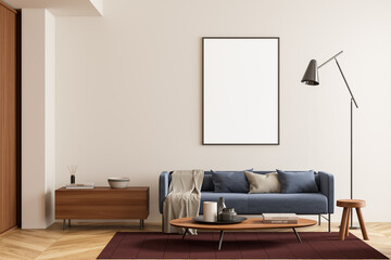 Light living room interior with couch and coffee table. Mockup frame
