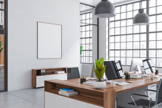 Light business interior with pc computer, panoramic window. Mockup frame