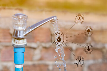 Closeup shot of water supply faucet, opening water life and expenses, computer graphic eco solid...