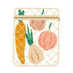 Mesh bag with vegetables: carrots, onions, garlic. The concept of zero waste, eco-friendly shopping, care for the environment. Eco shopping bag with fresh organic vegetables. Vector illustration