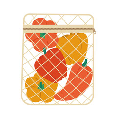 Mesh bag with vegetables: bell pepper, red and yellow. The concept of zero waste, eco-friendly shopping, care for the environment. Eco shopping bag with fresh organic vegetables. Vector illustration