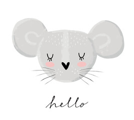 Sweet Little Mouse with a Heart-shaped Nose. Gray Mouse Head and  Black Handwritten 