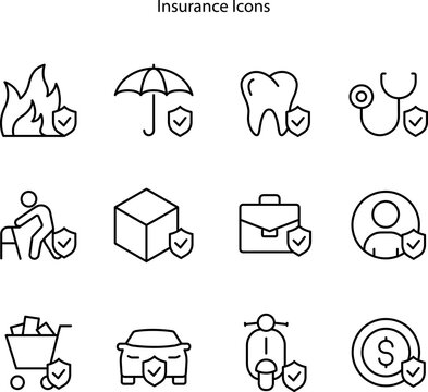 Insurance Icons Set. Family Care, Risk, Help Service. Car Accident, Flood Insurance, Protection Icons, Money Savings, Delivery Risk.