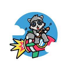 Cute raccoon playing guitar on the rocket