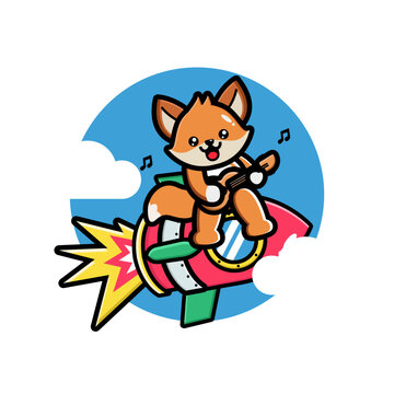 Cute fox playing guitar on the rocket