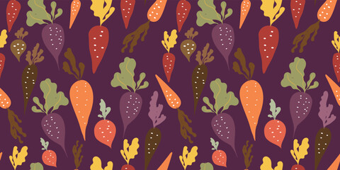 Vegetable seamless pattern c with various types of root crops. Autumn garden ornament. Bright veggies on the trendy dark purple background. Cute hand drawn healthy food texture. Radish, carrot, beet - 533103523