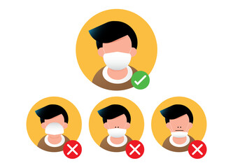 How to wearing protective mask correctly. right way to avoiding air pollution or avoiding viruses or illness. vector illustration