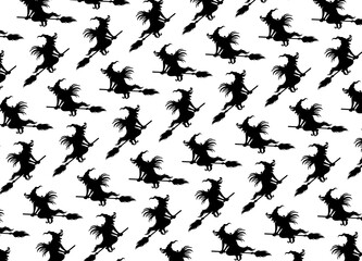 Fototapeta na wymiar Seamless pattern with the witch silhouette riding a broomstick isolated on transparent background. vector illustration