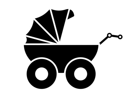 Baby carriage vector icon stroller silhouette isolated on white background. Sign of birth accessories - newborn pram pictogram. Flat design simple style buggy illustration.