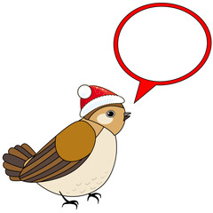 Cute Christmas bird in red Christmas hat with speech bubble, isolated on white background, vector sign.