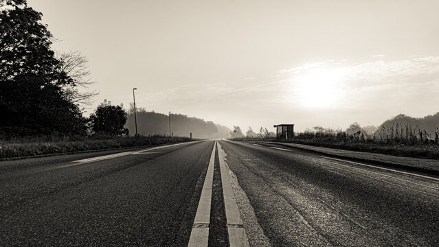 Black-and-white photography of a rural road with a lonely bus stop in the early morning light