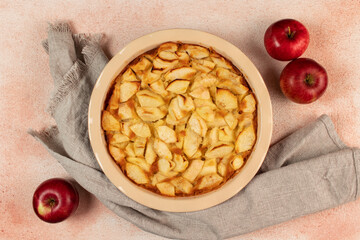 Freshly baked clafoutis pie with apples. Apple pie. Top view.