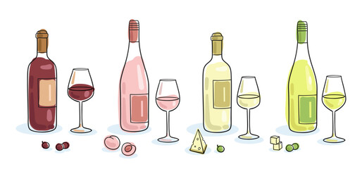 Set of four bottles of wine with glasses and snacks. Handmade picture in line style. Black contour with colored spots. Isolated on white background.  Vector flat illustration. Template for menu design