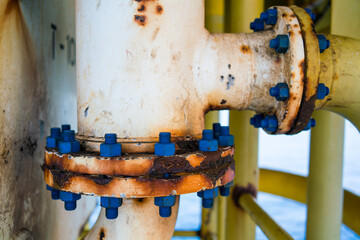 Close-up of corroded steel pipe, corrosion of steel, general corrosion, offshore petroleum pipelines.