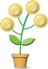 3D Realistic Money tree plant with coin dollar. Business profit investment, finance education, business income, business development concept. 
