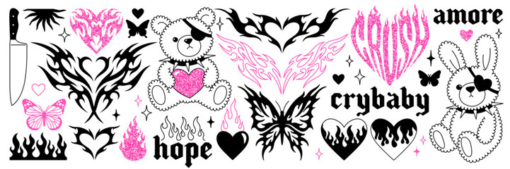 Y2k glamour pink stickers. Butterfly, kawaii bear, fire, flame, chain, heart, tattoo and other elements in trendy emo goth 2000s style. Vector hand drawn icon. 90s, 00s aesthetic. Pink, black colors. - obrazy, fototapety, plakaty