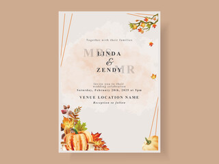 autumn wedding invitation card template with mushroom and pumpkins and leaves