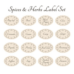 Spices and herbs vector label set for kitchen jar. Spice ellipse vintage stickers.