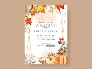 autumn wedding invitation card template with mushroom and pumpkins and leaves