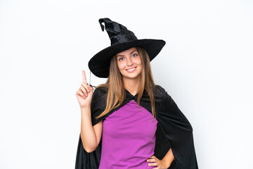 Young caucasian woman costume as witch isolated on white background showing and lifting a finger in sign of the best