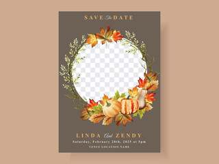 autumn wedding invitation card template with mushroom and pumpkins and leaves