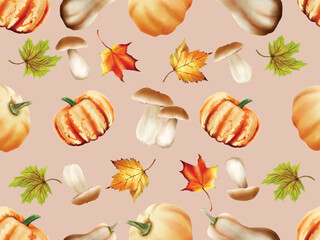 autumn seamless pattern with mushroom and pumpkins and leaves