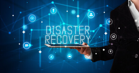 Person holding tablet, security concept