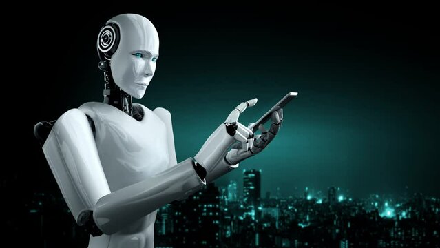 Futuristic robot artificial intelligence huminoid AI programming coding technology development and machine learning concept. Robotic bionic science research for future of human life. 3D rendering.