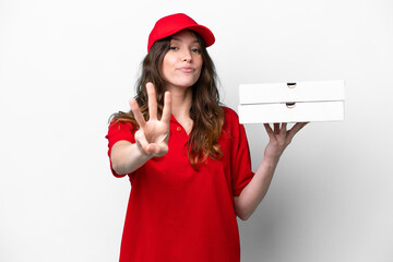 Pizza delivery woman with work uniform picking up pizza boxes isolated on white background happy and counting three with fingers