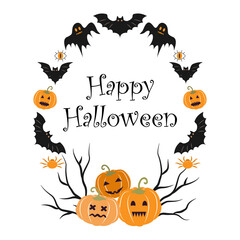 Oval Halloween frame with pumpkin, bats and ghosts
