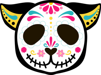 Mexican dead Cat. Cat skull sugar head colorful holiday vector illustration for day of the dead, bones skeleton dia de los muertos pets party drawings
