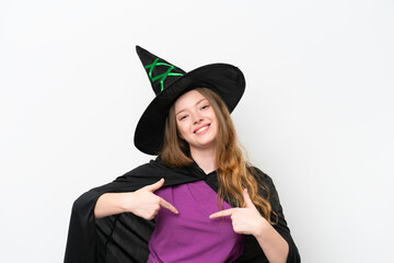 Young pretty woman costume as witch isolated on white background proud and self-satisfied