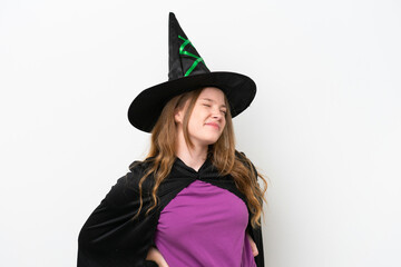 Young pretty woman costume as witch isolated on white background suffering from backache for having made an effort