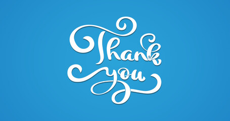 Vector text thank you in white color on the blue background hand-drawn vintage. Calligraphy lettering illustration
