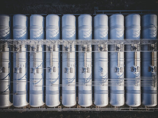 Aerial top view of fuel storage tanks.