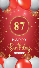 87th Birthday celebration with red and white balloons, gold frames, fireworks on red background. Premium design for ceremony, banner, poster, birthday invitations, and Celebration events. 