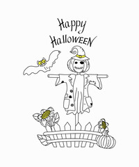 Halloween, vector illustration. Scarecrow garden with a head in the form of a pumpkin. Cheerful pumpkin in clothes and a hat. Lettering, text Happy Halloween! Vector illustration in doodle style.