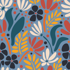 Vintage botanical seamless pattern. Modern groovy flowers, vector background. Hand drawn floral retro print for fabric, wallpaper, packaging, wrapping paper, web banner and social media