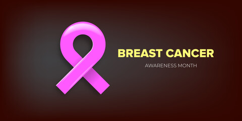 Breast cancer awareness month concept horizontal banner design template with pink ribbon and text isolated on grey background. October is Breast cancer awareness month vector flyer or poster