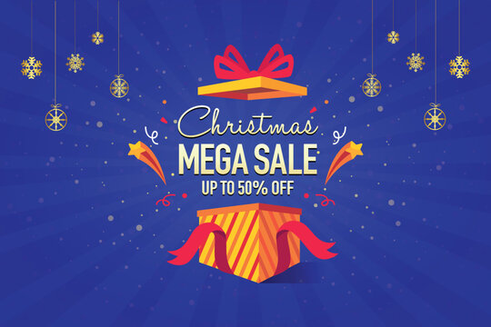 Christmas Mega Sale Offer Logo Unit With Unboxing Celebration Graphics. Logo Design, Icon, Poster, Unit, Label, Web Header, Vector, Illustration, Tag, Christmas Celebration Background, Sign, Symbol.