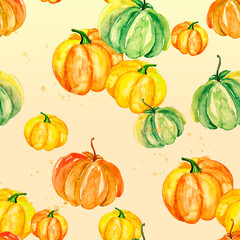 Watercolor, vintage seamless pattern with the image of a pumpkin. Pumpkin orange, yellow, green
watercolor. Autumn background. Background can be used for Halloween