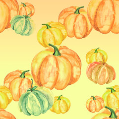 Watercolor, vintage seamless pattern with the image of a pumpkin. Pumpkin orange, yellow, green
watercolor. Autumn background. Background can be used for Halloween