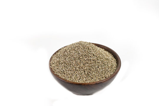 Ajwain or Trachyspermum ammi,caraway herb spice seeds on white background