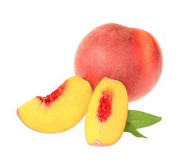 Whole and cut delicious peaches with green leaves isolated on white