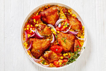 roast chicken with corn and tomatoes on plate