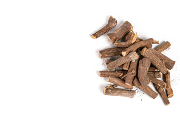 Ayurvedic Mulethi or Liquorice root stick or jeshthamadh on white background