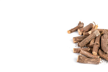 Ayurvedic Mulethi or Liquorice root stick or jeshthamadh on white background