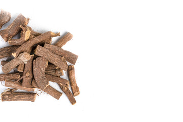 Ayurvedic Mulethi or Liquorice root stick or jeshthamadh on white background